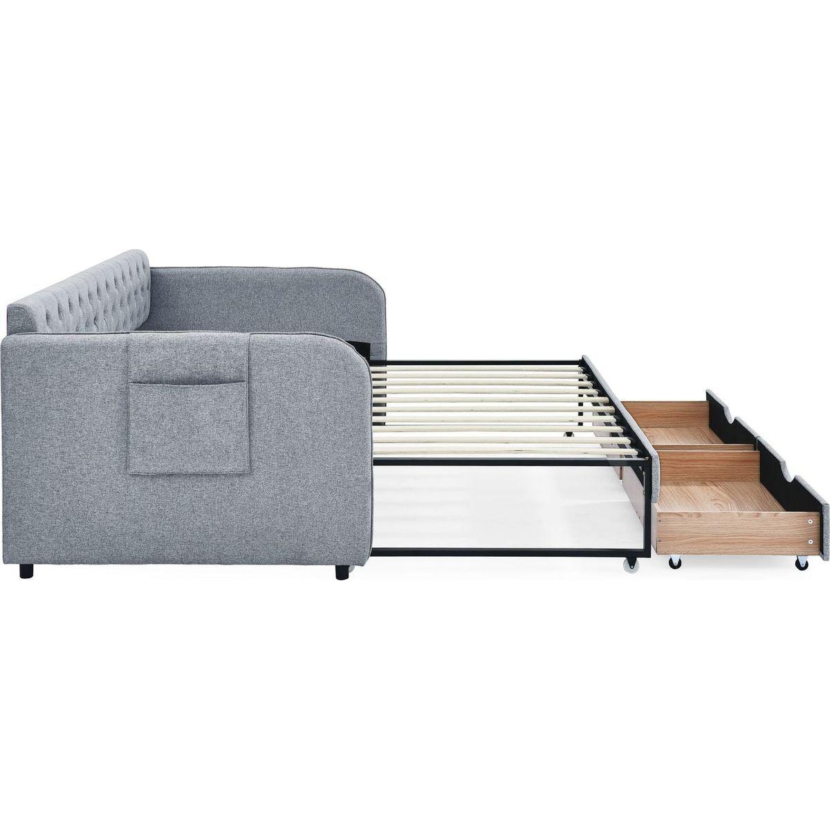 Twin Size Upholstery Daybed with Trundle Bed and Two Storage Drawers , Flat Arms with Pocket, Extendable Daybed for Bedroom Living Room,Linen Grey
