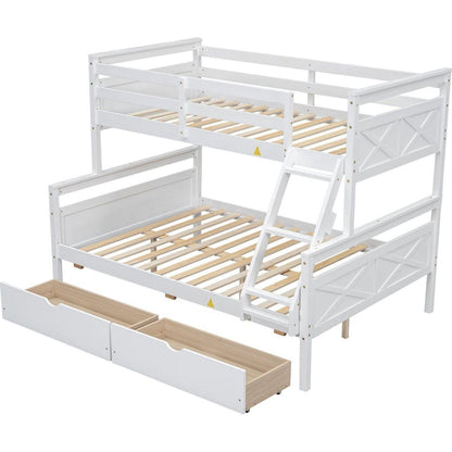 Twin over Full Bunk Bed with Ladder, Two Storage Drawers, Safety Guardrail, White