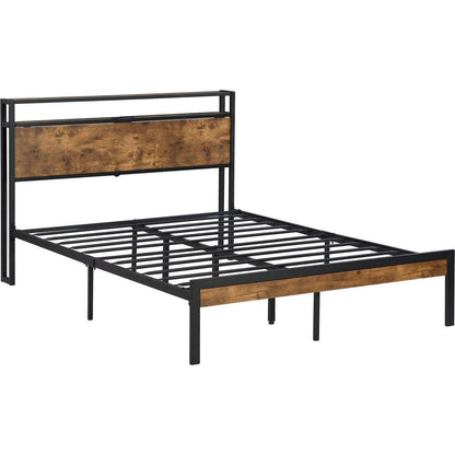 Full Size Metal Platform Bed Frame with Wooden Headboard and Footboard with USB LINER, No Box Spring Needed, Large Under Bed Storage, Easy Assemble