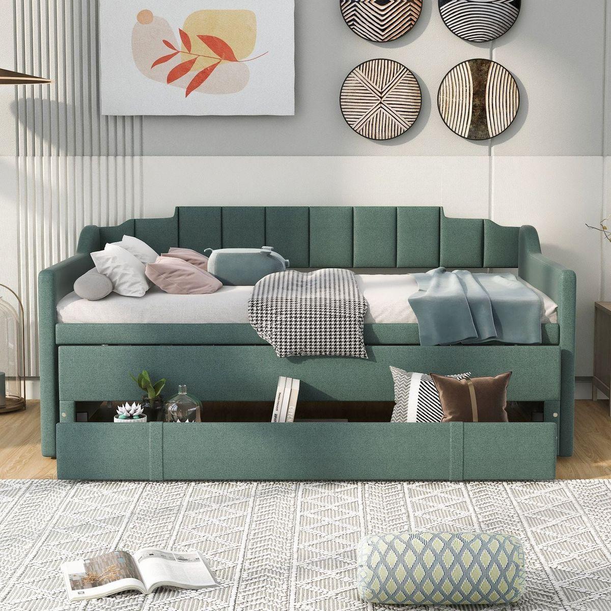 Twin Size Upholstered Daybed with Trundle and Three Drawers,Green
