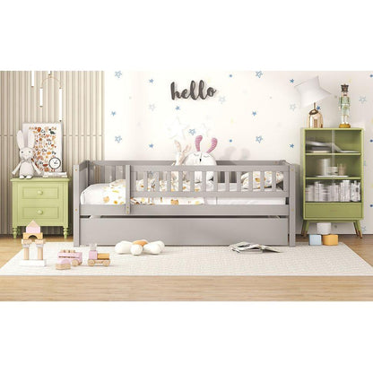 Twin Size Wood Daybed with Trundle and Fence Guardrails, Gray