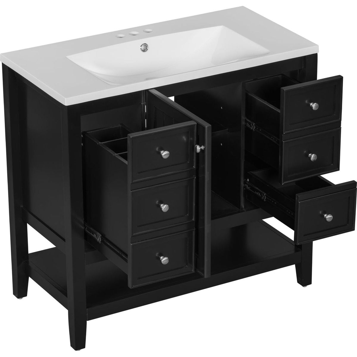 36" Bathroom Vanity with Sink Combo, One Cabinet and Three Drawers, Solid Wood and MDF Board, Black