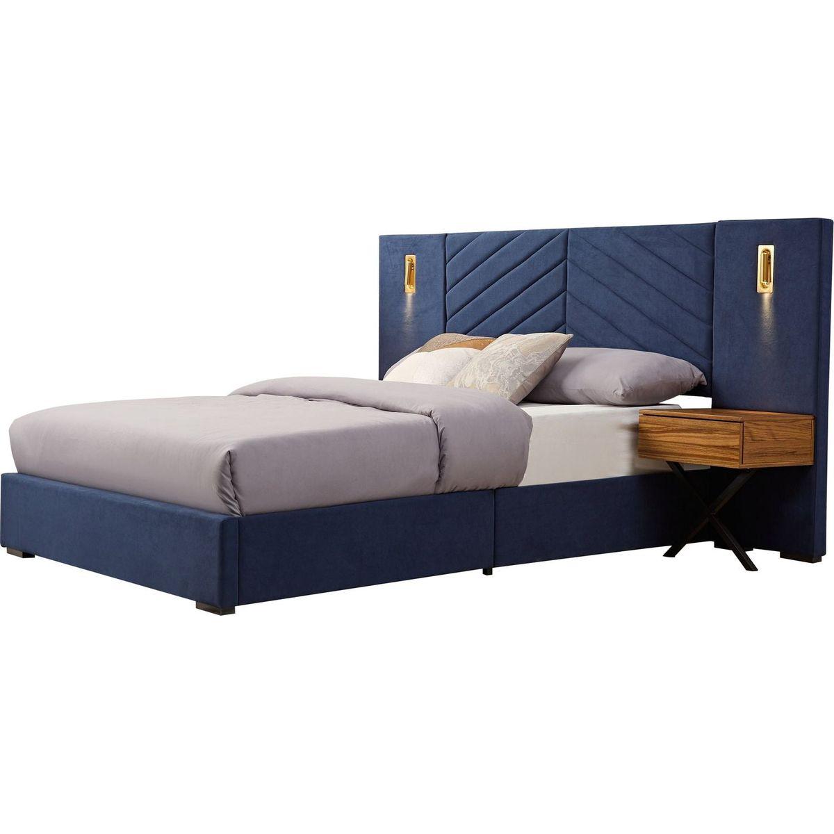 Queen Size Velvet Bed Frame/Vertical Channel Tufted Wingback Headboard/Upholstered Platform Bed/Strong Wooden Slats/No Box Spring Needed/Easy AssemblyRoyal blue