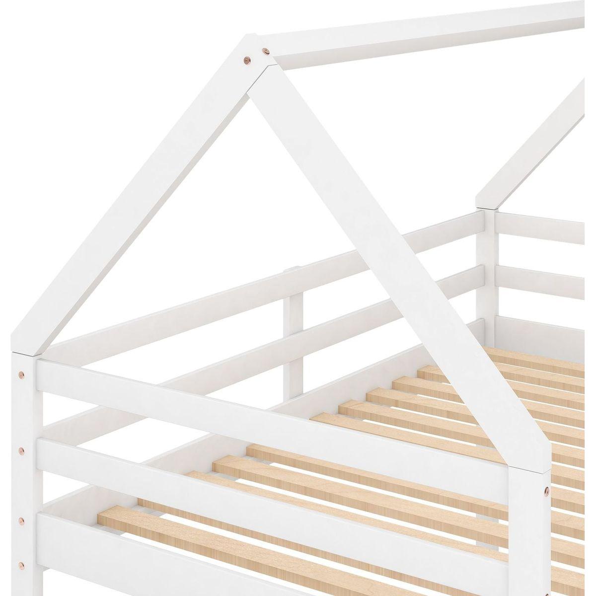 Twin over Twin Low Bunk Bed, House Bed with Ladder, White