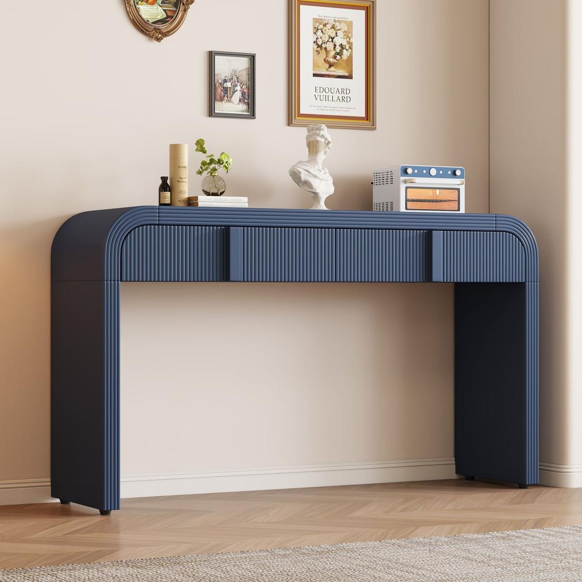 Unique Modern Rounded Silhouette and Smooth Surface Console Table with 2 Drawers for Living Room and Entryway(Navy Blue)