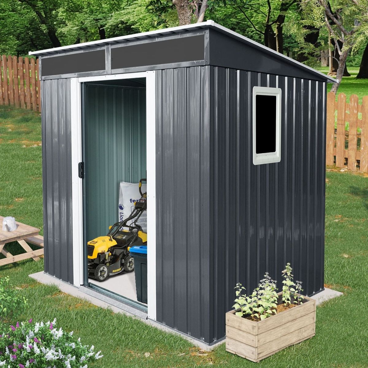 6ft x 5ft Outdoor Metal Storage Shed with Window and Transparent plate for Garden, Lawn (Black and White) - Streamdale Furniture