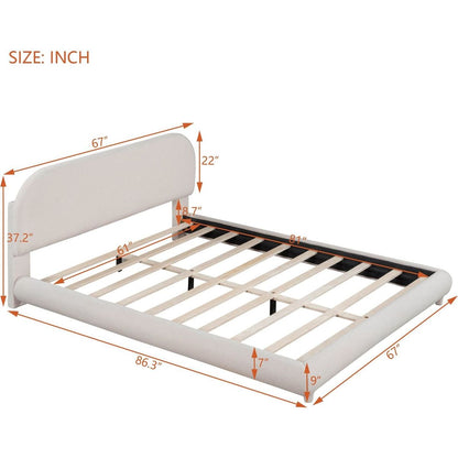 Teddy Fleece Queen Size Upholstered Platform Bed with Thick Fabric, Solid Frame and Stylish Curve-shaped Design, Beige
