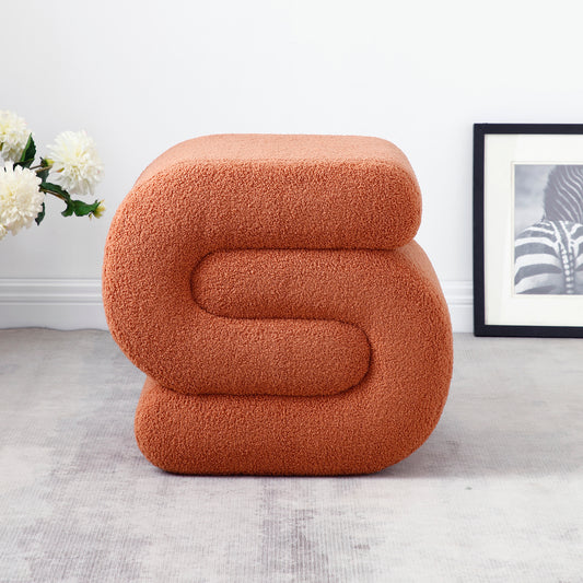 Modern Teddy Fabric Ottoman,Upholstered Footstoo, Comfortable Teddy Fabric Vanity Stool,S-Shape Small Makeup Stool, Under Desk Ottoman for Living Room, Bedroom, Entrance (Orange)