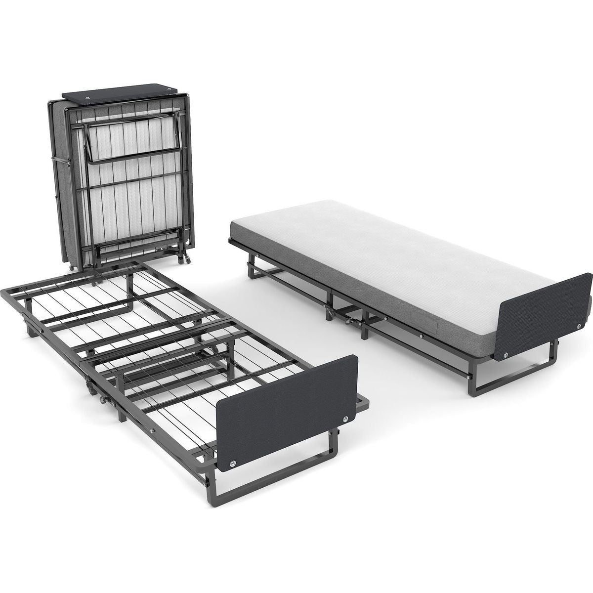 Metal Folding Bed Frame with Foam Mattress of Pockets, Easy Storage and Movable with 4 Castors