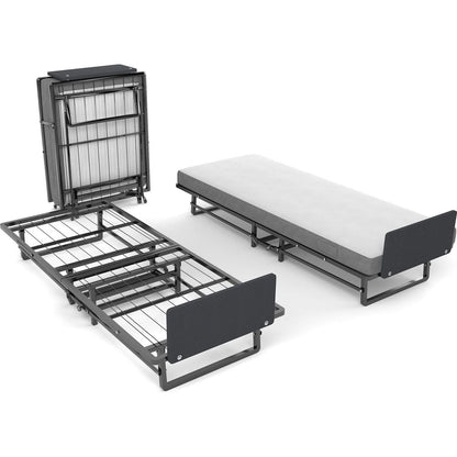 Metal Folding Bed Frame with Foam Mattress of Pockets, Easy Storage and Movable with 4 Castors