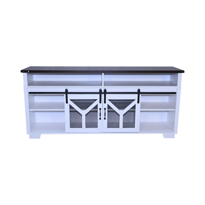 65.3' TV Stand with LED light strips and Iron mesh barn door Y decorative strip white + Black walnut color (top) farmhouse