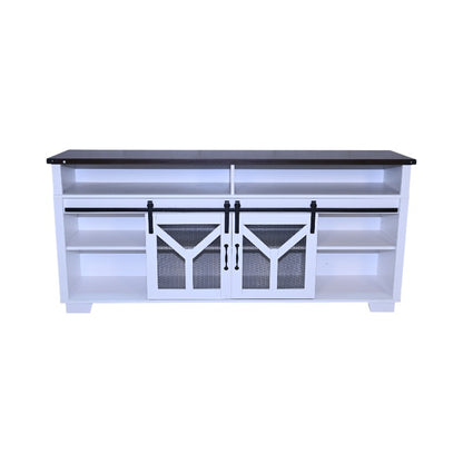 65.3' TV Stand with LED light strips and Iron mesh barn door Y decorative strip white + Black walnut color (top) farmhouse