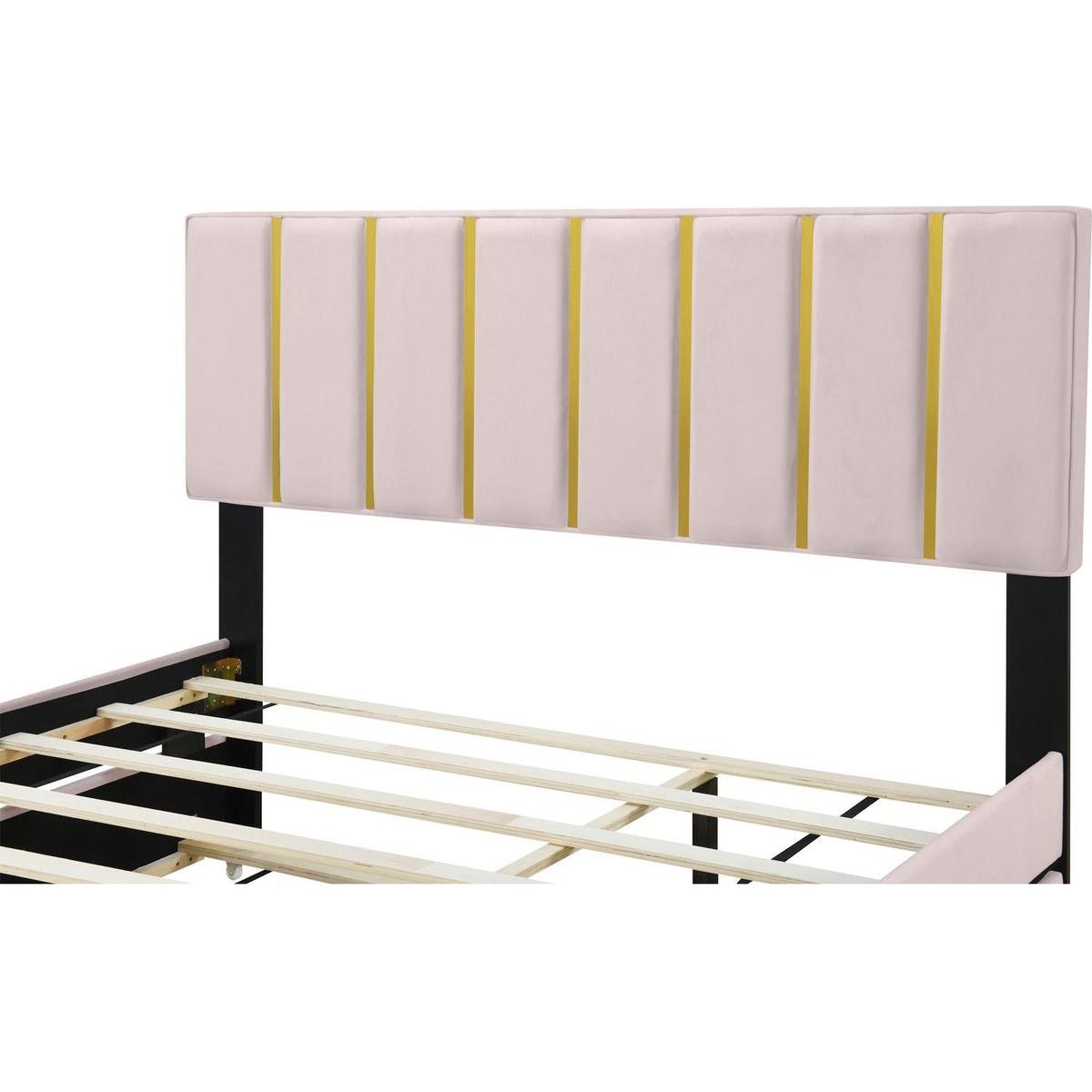Queen Size Upholstered Platform Bed with 2 Drawers and 1 Trundle, Classic Metal Strip Headboard Design, Pink