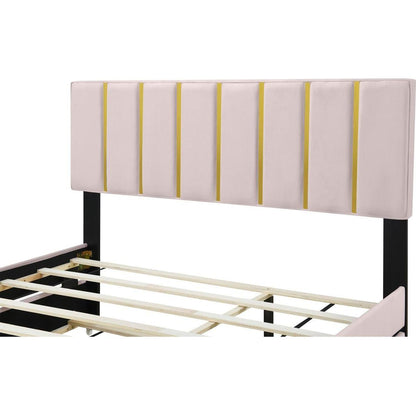 Queen Size Upholstered Platform Bed with 2 Drawers and 1 Trundle, Classic Metal Strip Headboard Design, Pink