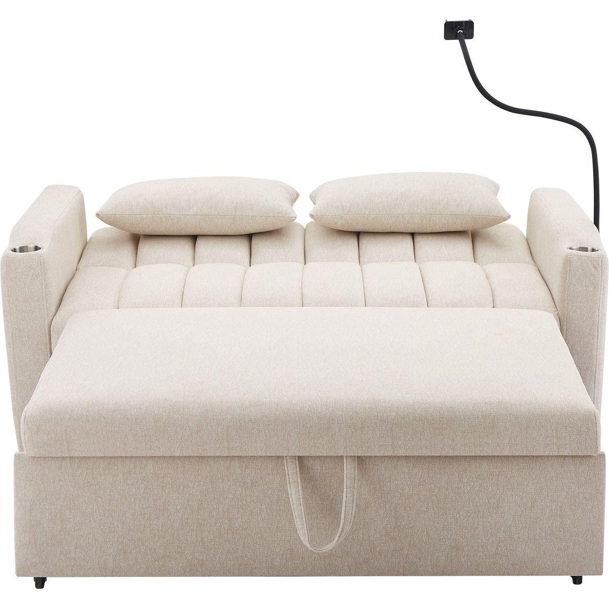 55.9" Convertible Sofa Bed Loveseat Sofa with Three USB Ports, Two Side Pockets, Two Cup Holders and 360Swivel Phone Holder for Living Room, Beige