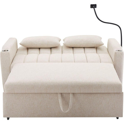 55.9" Convertible Sofa Bed Loveseat Sofa with Three USB Ports, Two Side Pockets, Two Cup Holders and 360Swivel Phone Holder for Living Room, Beige
