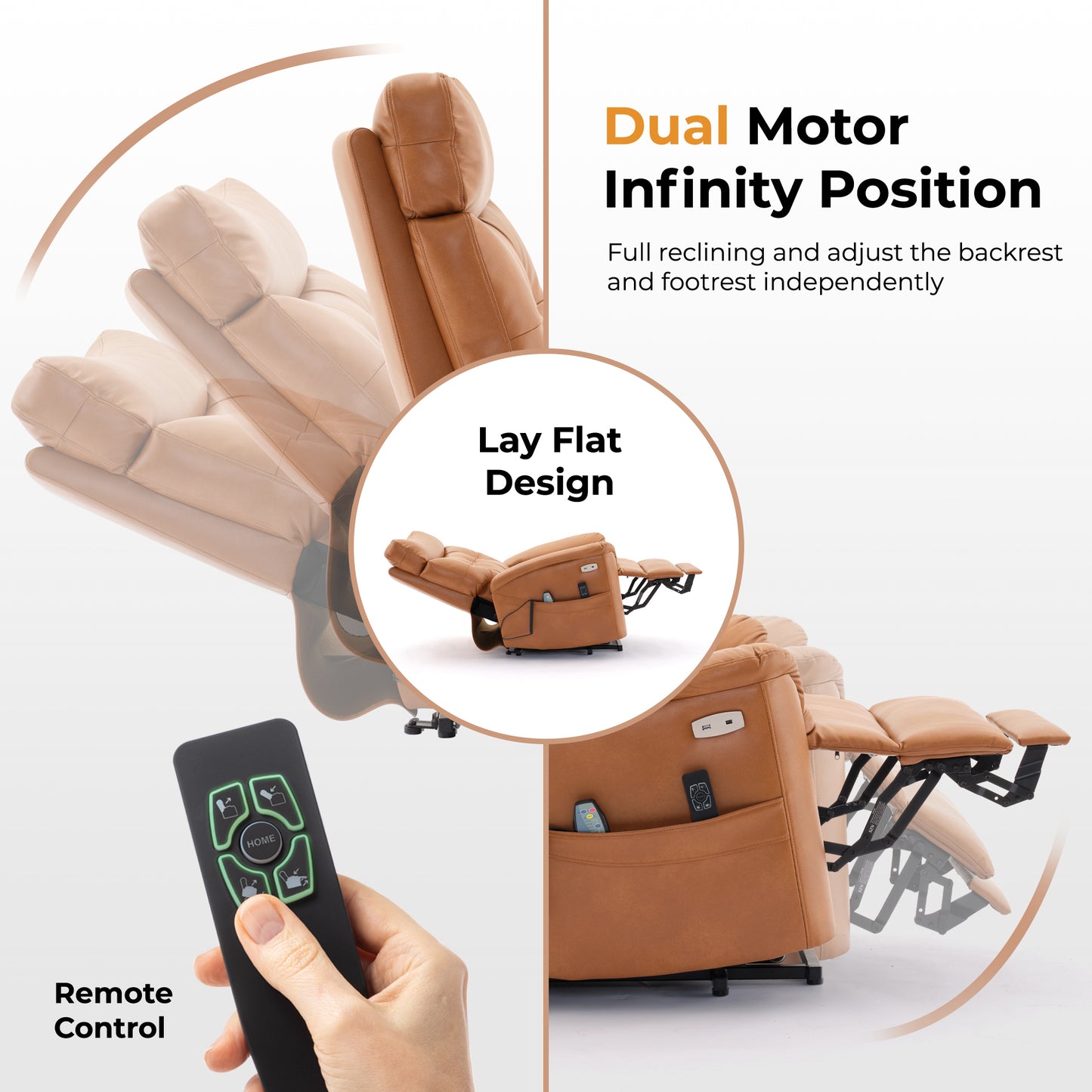 Dual Motor Power Lift Recliner Chair for Elderly, One Touch Reset, Lay Flat Leather Lift Chair with Massage and Heat, USB & Type C Ports, Electric Recliner Chairs for Seniors, Caramel Medium