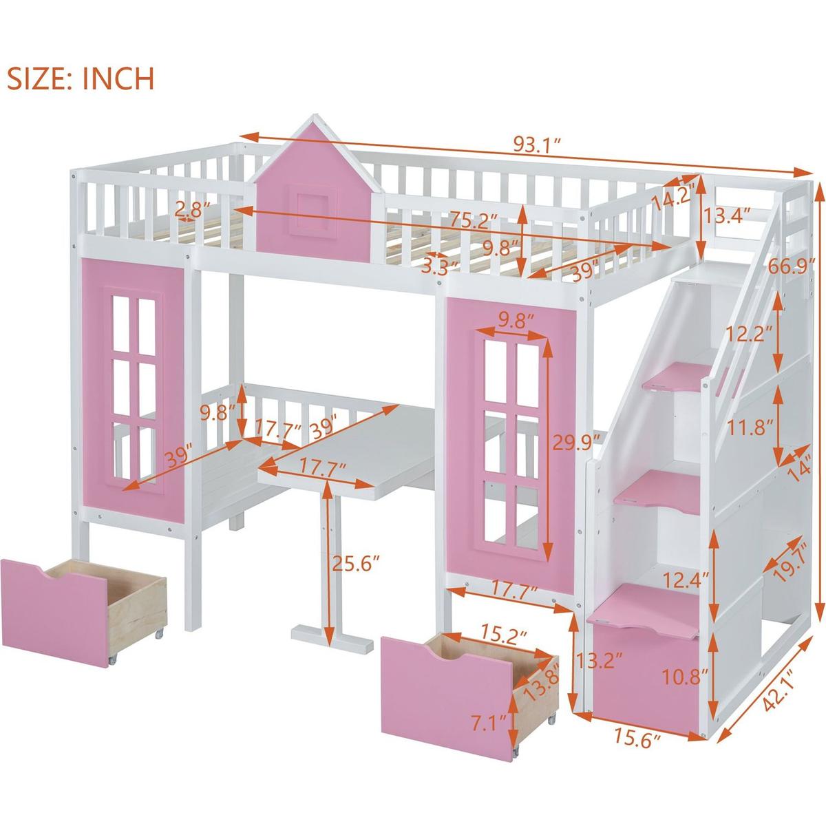 Twin-Over-Twin Bunk Bed with Changeable Table, Bunk Bed Turn into Upper Bed and Down Desk -Pink