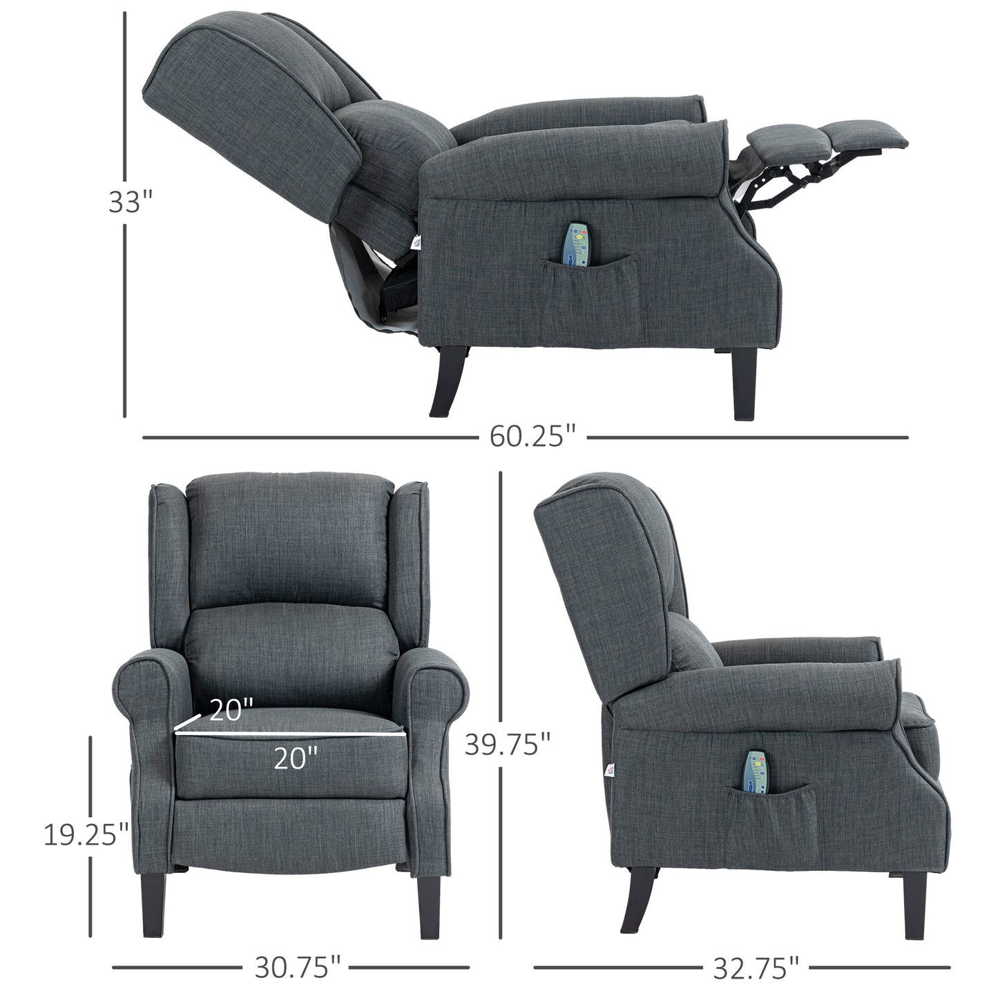 Vibrating Massage Recliner Chair for Living Room, Reclining Wingback Single Sofa with Heat, Linen Fabric Push Back Accent Chair with Footrest, Side Pocket, Charcoal Gray