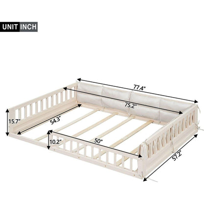 Wood Full Size Upholstered Platform Bed with Guardrail and Pillow, Beige