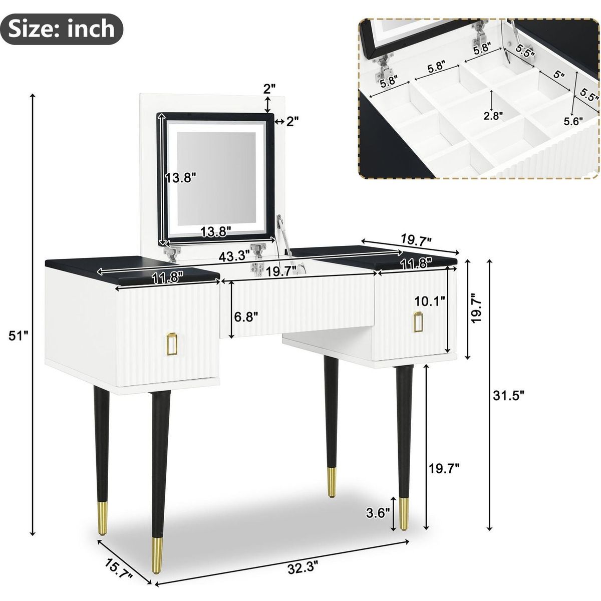 43.3" Modern Vanity Table Set with Flip-top Mirror and LED Light, Dressing Table with Customizable Storage, White and Black