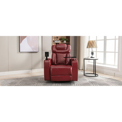 270 Degree Swivel PU Leather Power Recliner Individual Seat Home Theater Recliner with Comforable Backrest, Tray Table, Phone Holder, Cup Holder, USB Port, Hidden Arm Storage for Living Room, Red