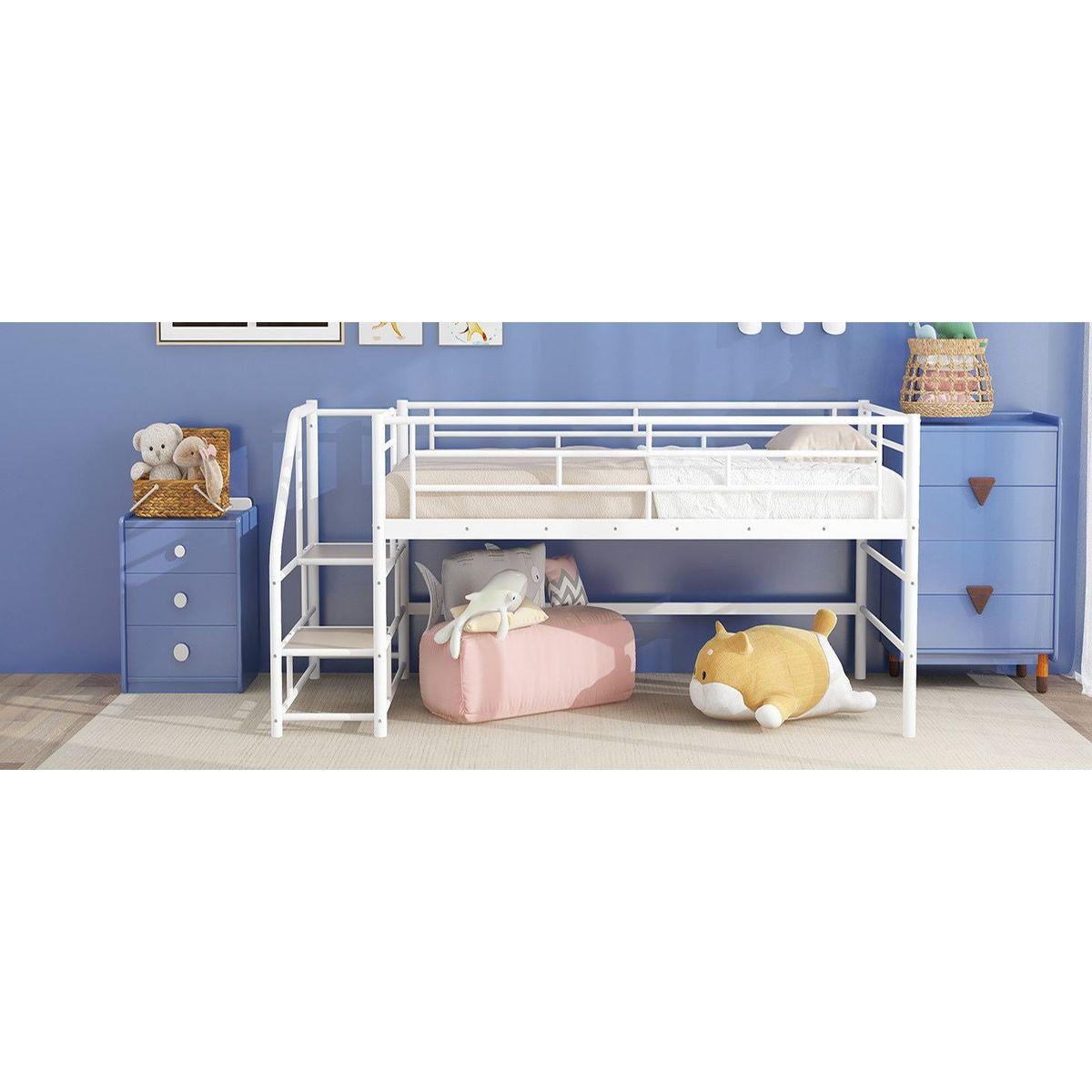 Mid Loft Bed with Storage stairs, Twin, White