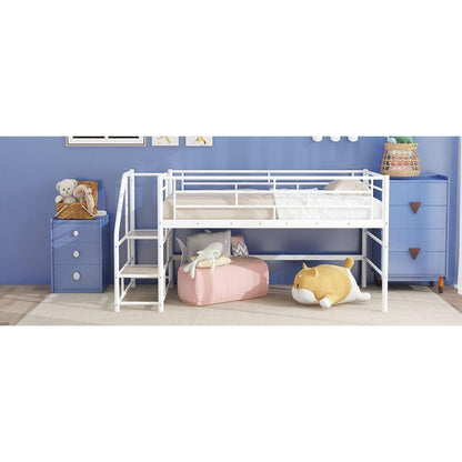 Mid Loft Bed with Storage stairs, Twin, White