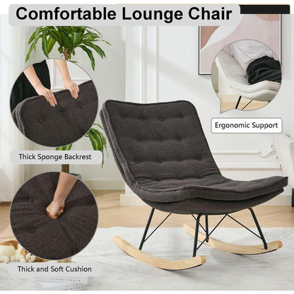 Lazy Rocking Chair,Comfortable Lounge Chair with Wide Backrest and Seat Wood Base, Upholstered Armless Rocker Chair for Living room, Balcony,Bedroom and Patio Porch. (GREY)