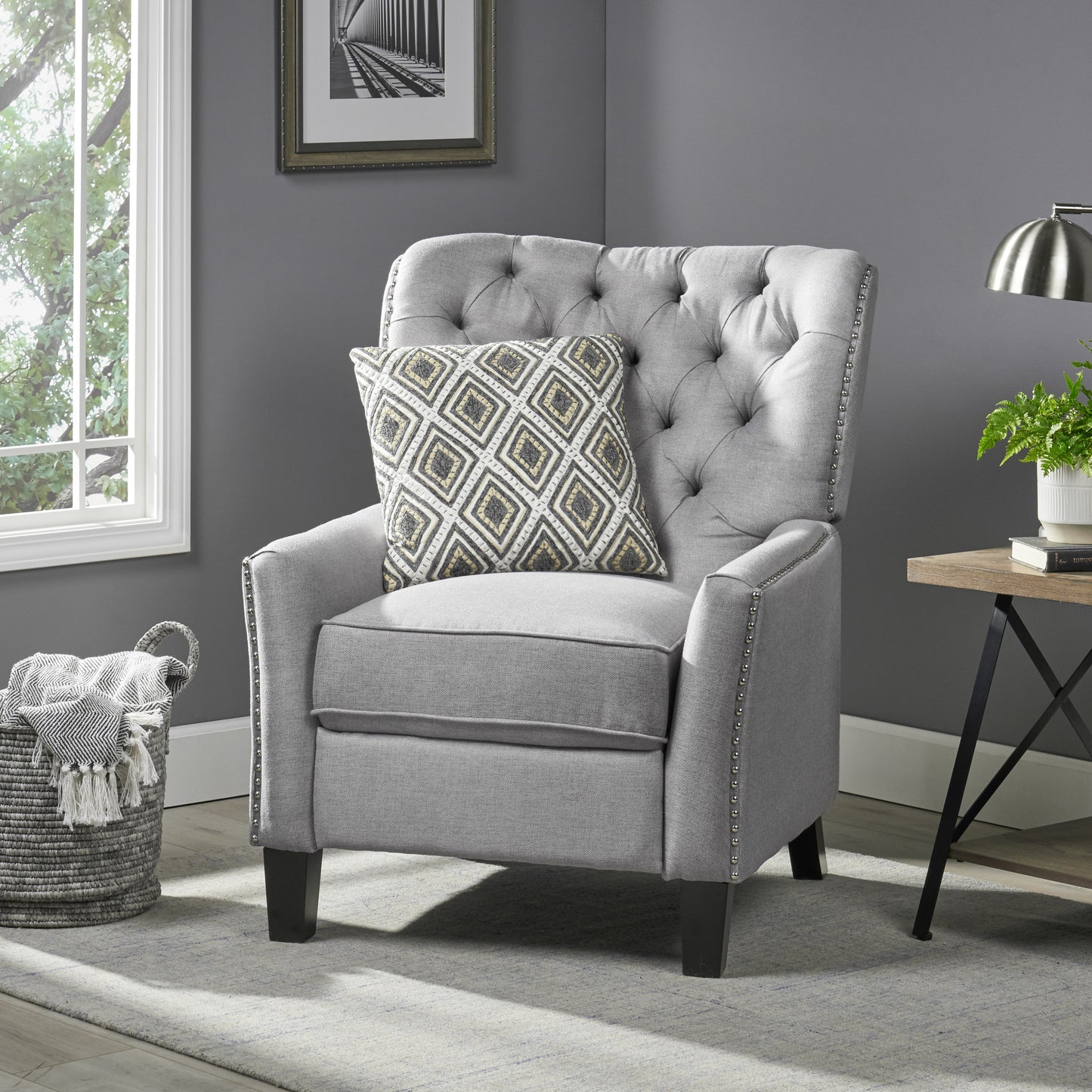 Modern Light Grey Fabric Push Back Recliner