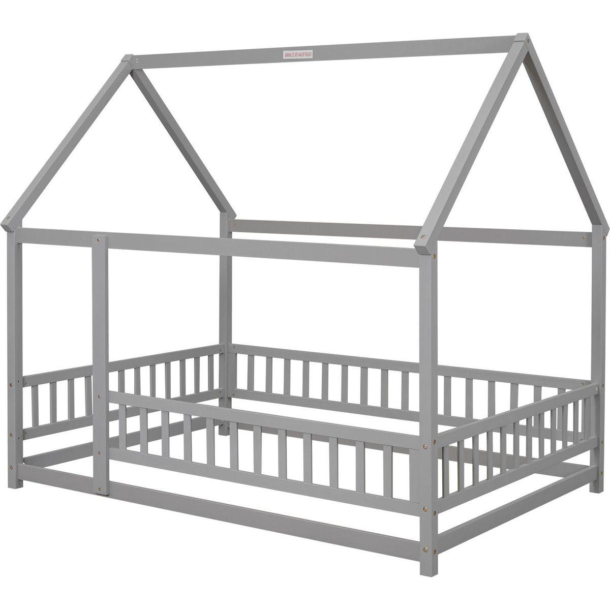 Full Size Floor Wooden Bed with House Roof Frame, Fence Guardrails, Grey