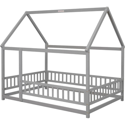 Full Size Floor Wooden Bed with House Roof Frame, Fence Guardrails, Grey