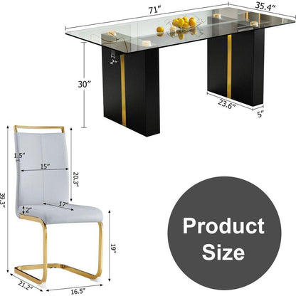 Table and chair set, large modern minimalist rectangular glass table, can accommodate 6-8 people, equipped with tempered glass tabletop and large MDF table legs, comfortable and minimalist chairs.