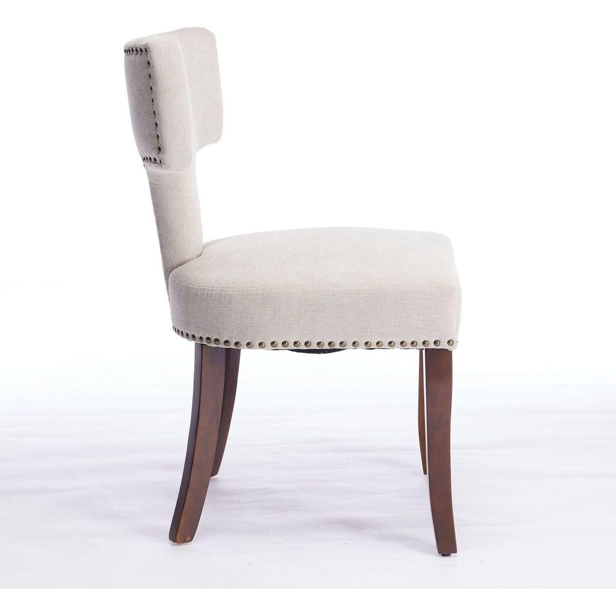 Mid Century Modern Dining Chairs Set of 2, Farmhouse Linen Fabric Upholstered Accent Chair Curved Backrest with Copper Nails around,Kitchen Chairs with Hardwood Frame, Beige