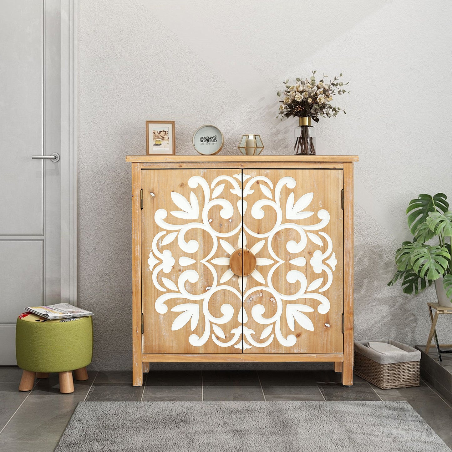 Rustic Wooden Accent Cabinet with Floral Carved Doors, 2 - Door Storage Cabinet for Living Room, Entryway, Dining Room