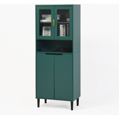 Tall Storage Show Cabinet with 2 Glass Display Door & 2 Doors, Tall Kitchen Pantry Cabinet with Gold Handles, Modern Cabinet Freestanding for Bathroom, Dining Living Room, Green