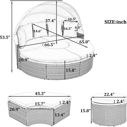 Patio Furniture Round Outdoor Sectional Sofa Set Rattan Daybed Two-Tone Weave Sunbed with Retractable Canopy, Separate Seating and Removable Cushion, Gray