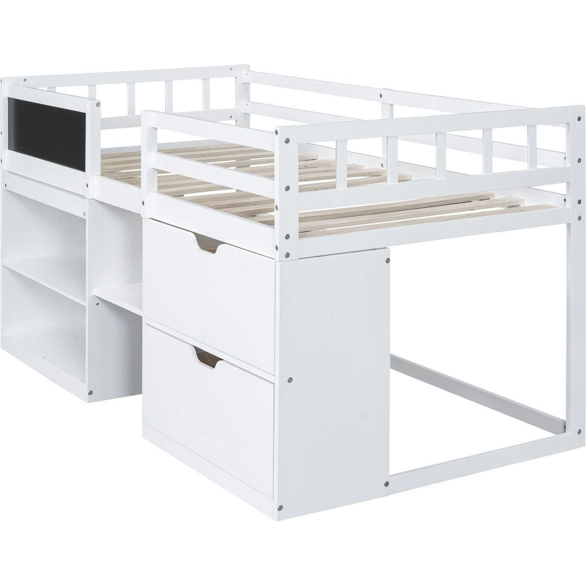 Twin Size Low Loft Bed with Rolling Desk, Shelf and Drawers - White