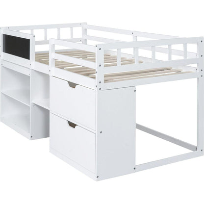 Twin Size Low Loft Bed with Rolling Desk, Shelf and Drawers - White