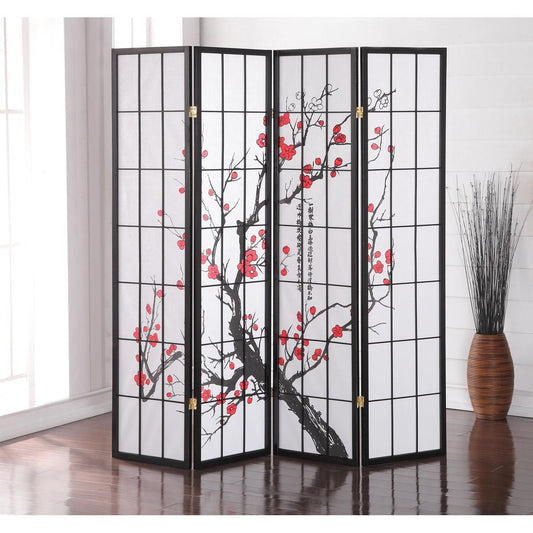 Black Japanese 4-Panel Screen Room Divider, Plum Blossom