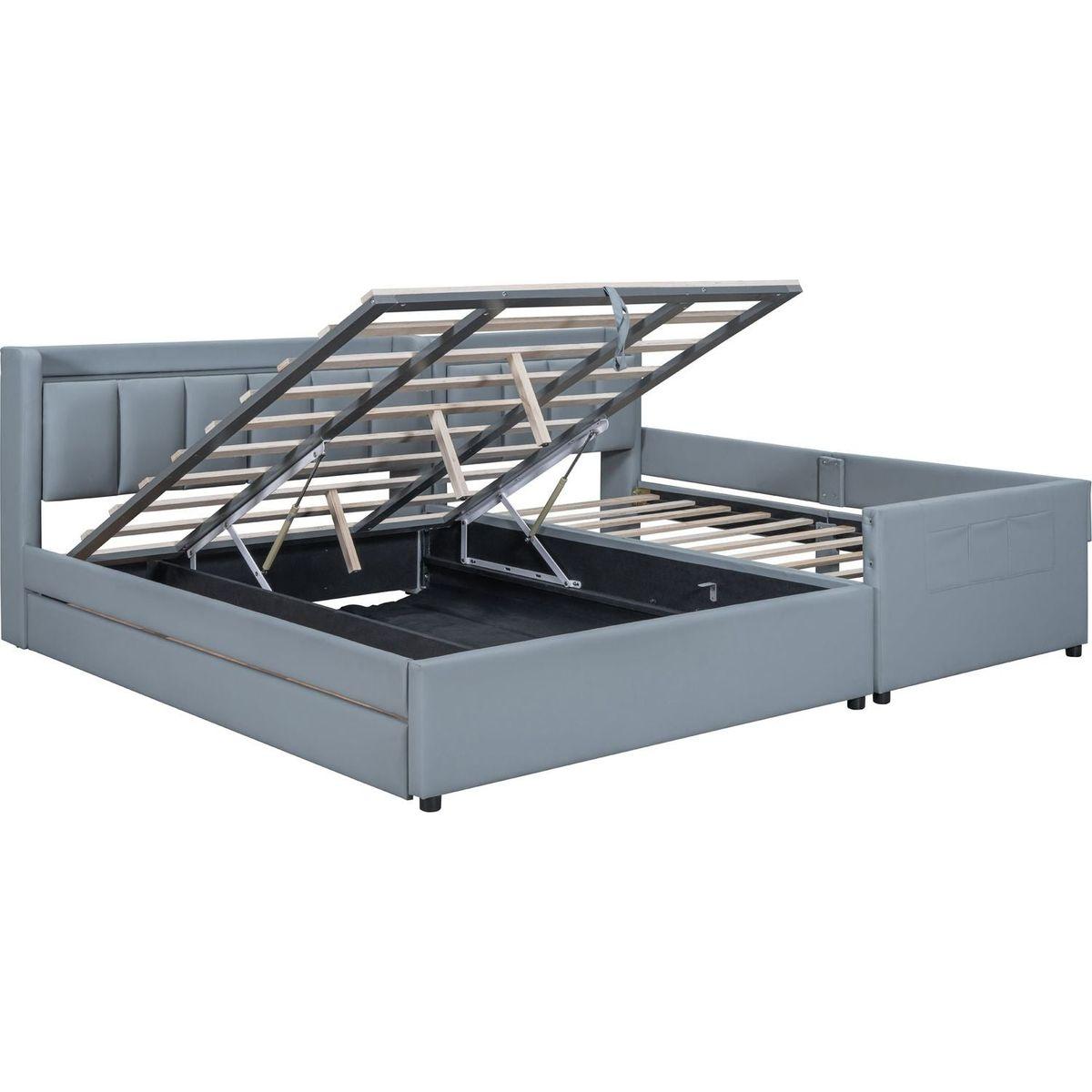 Queen Size & Twin XL Size Upholstered Platform Bed, Mother & Child Bed with Hydraulic Storage System, Drawer Box, Bedhead storage shelf and Two pairs of sockets & USB Ports, PU Leather, Gray