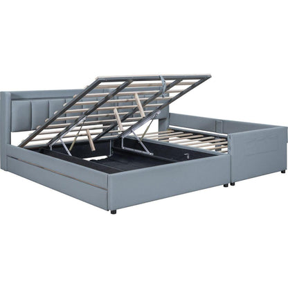 Queen Size & Twin XL Size Upholstered Platform Bed, Mother & Child Bed with Hydraulic Storage System, Drawer Box, Bedhead storage shelf and Two pairs of sockets & USB Ports, PU Leather, Gray
