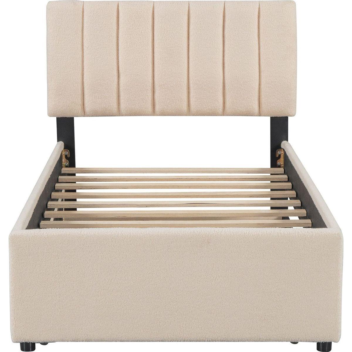 Teddy Fleece Twin Size Upholstered Platform Bed with Trundle, Beige