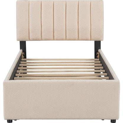 Teddy Fleece Twin Size Upholstered Platform Bed with Trundle, Beige