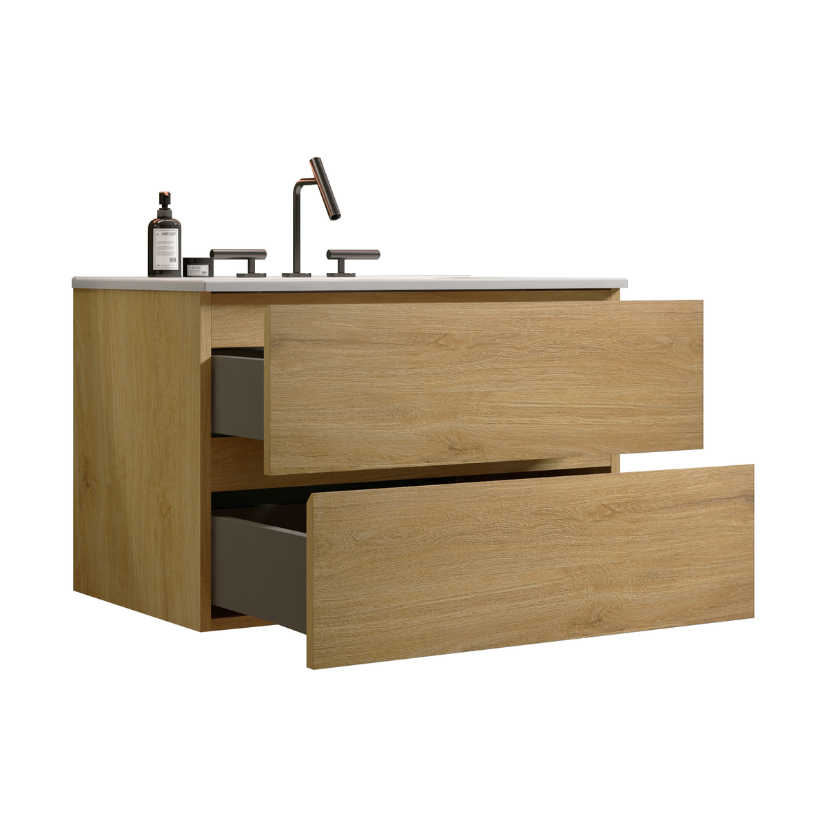 Wall Mount 30" Natural Oak Bathroom Vanity with Ceramic Sink with three faucet holes, Large Storage Floating Bathroom Vanity for Modern Bathroom, Pre-assembled