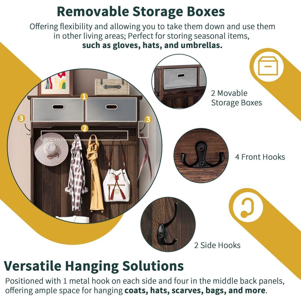 Hall Tree with 6 Hooks and Hinged Lid, Coat Hanger, Entryway Bench, Storage Bench, 3-in-1 Design, 69INCH, for Entrance, Hallway