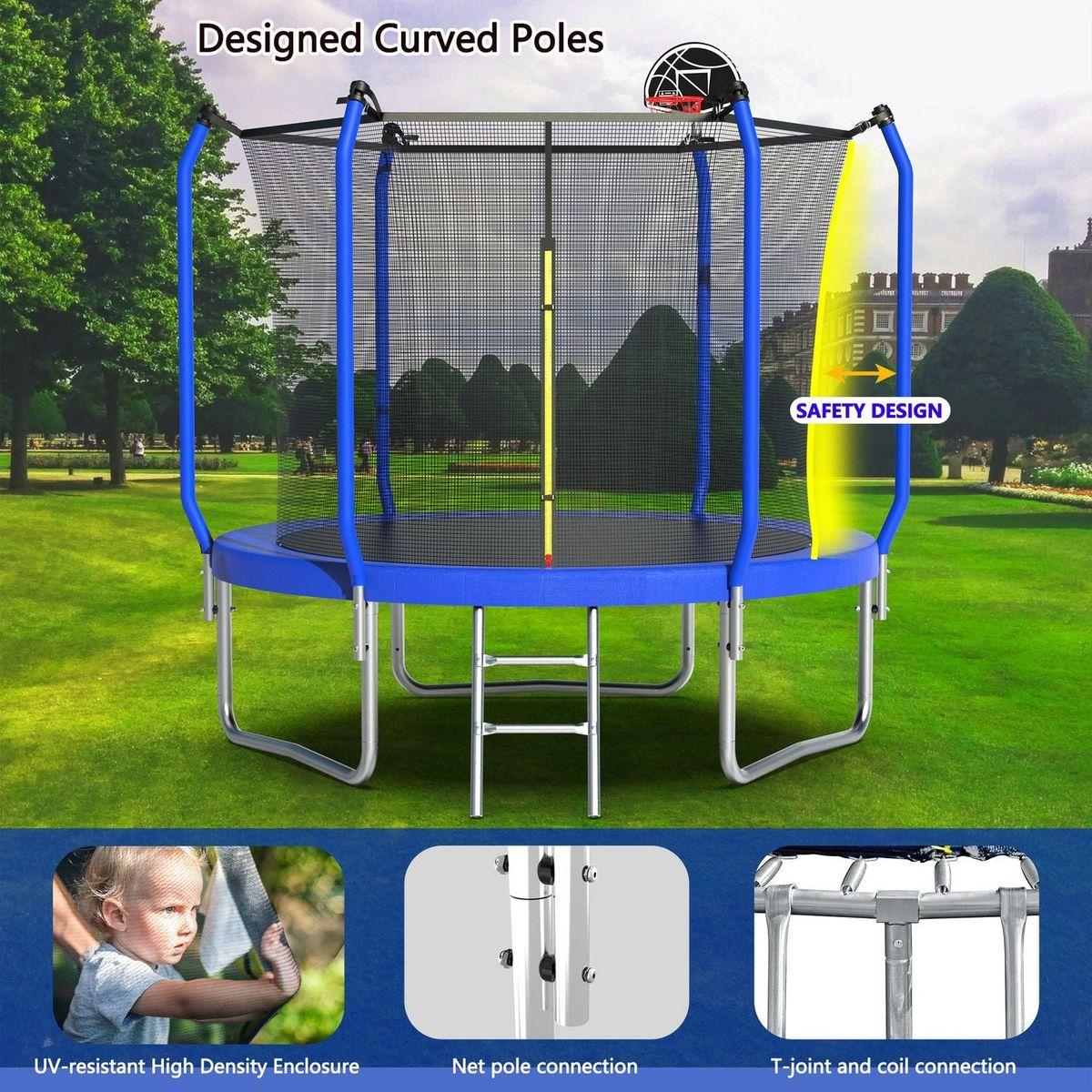 8FT Trampoline with Basketball Hoop, ASTM Approved Reinforced Type Outdoor Trampoline with Enclosure Net