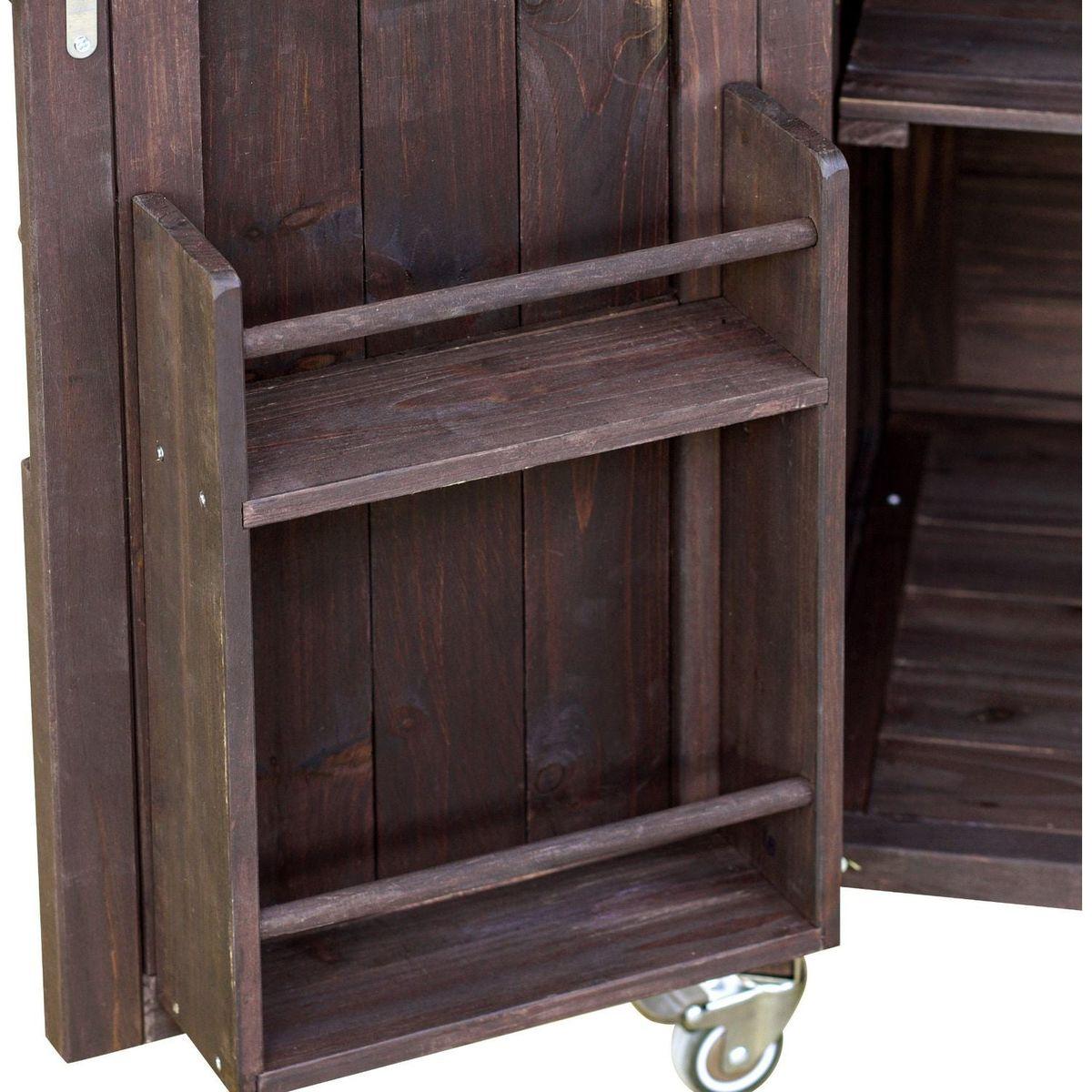 Outdoor Kitchen Island, Rolling Bar Cart & Storage Cabinet, Farmhouse Solid Wood Outdoor Grill Table with Stainless Steel Top, Spice Rack, Towel Rack for Kitchen & Barbecue, Dark Brown