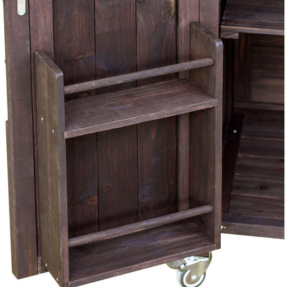 Outdoor Kitchen Island, Rolling Bar Cart & Storage Cabinet, Farmhouse Solid Wood Outdoor Grill Table with Stainless Steel Top, Spice Rack, Towel Rack for Kitchen & Barbecue, Dark Brown