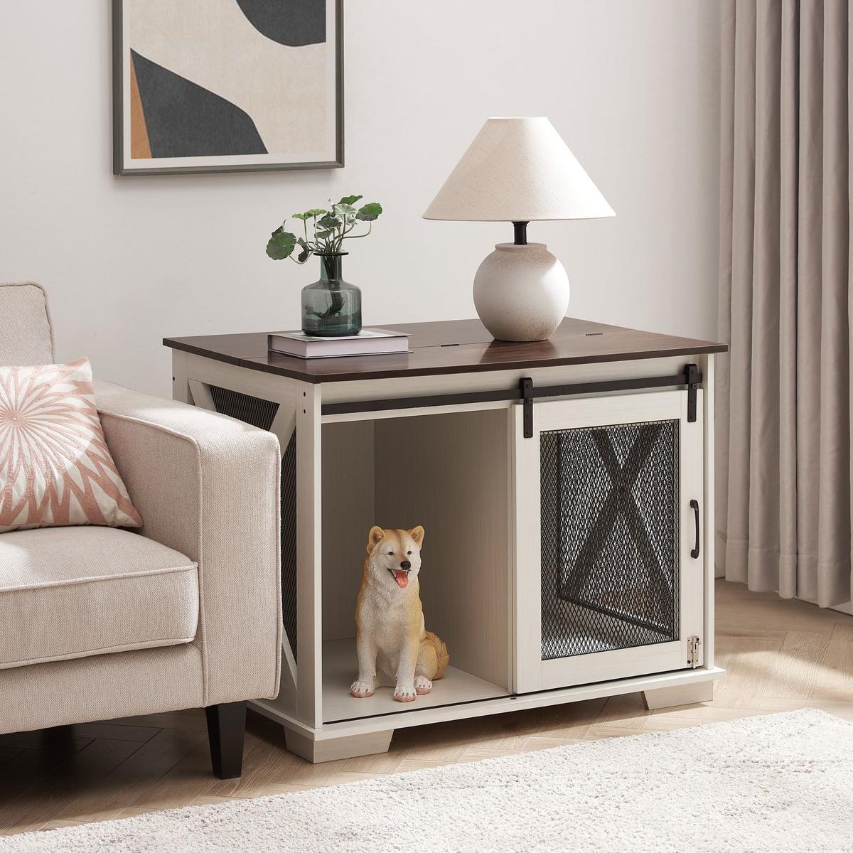 Farmhouse Dog Cage Crate Furniture with Sliding Barn Door, Farmhouse Wooden Dog Kennel End Table with Flip-top Plate Dog House with Detachable Divider for Small/Medium/Large Dog White